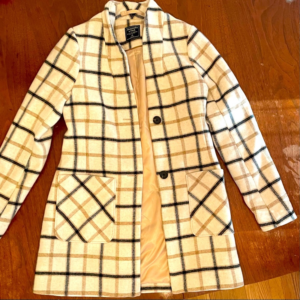 Abercrombie & Fitch Plaid Pea Coat - Cream and Black